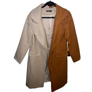 SHEIN Curve Colorblock Shawl Collar Long Coat Women's 1XL Beige Brown